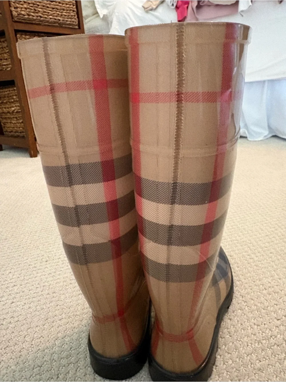 Burberry Beige Plaid Tall Rain Boots